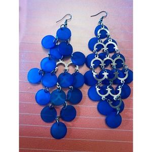 Vintage Shell Chandelier Statement Earrings Royal Blue 5 Inch Dangle Drop